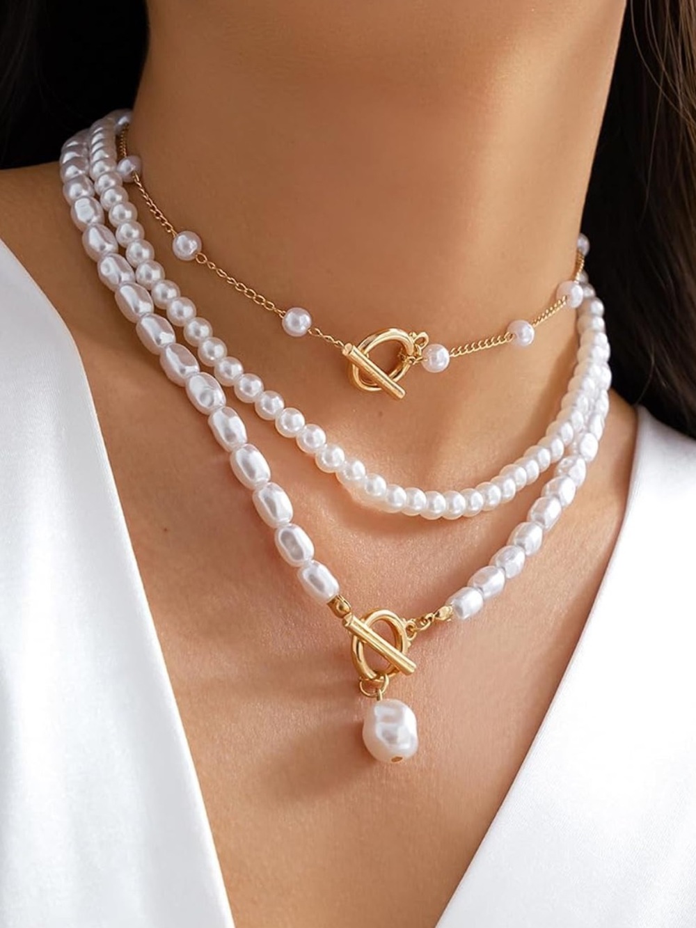 Anthropologie Gold & White Pearl Layered Toggle Necklace Set